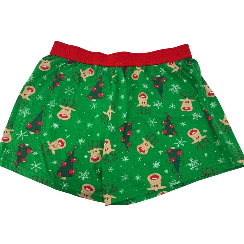 Mens Green Christmas Reindeer‎ Tree Pajama Sleep Lounge Shorts Adult Holiday